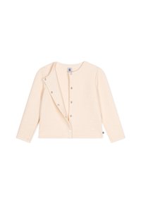 Cardigan color crema con maniche lunghe, bottoni a pressione sul davanti, motivo testurizzato di piccoli cuori e scollatura rotonda.