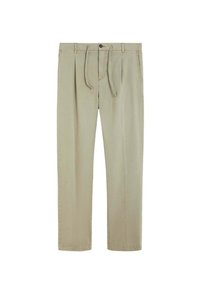 Pantalones beige hechos de una tela suave. Presentan un cordón y cierre de botón, piernas rectas y pliegues frontales para un detalle adicional.