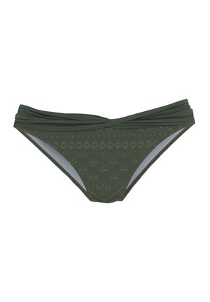 Olivgrüner Bikini-Unterteil aus strukturiertem Stoff mit einem Diamantmuster und gestaffeltem Taillendetail. Gefüttert mit einem hellgrauen Innenfutter.