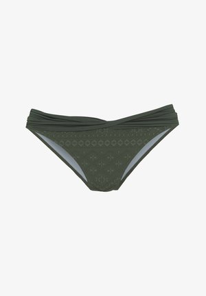 Olivgrüner Bikini-Unterteil aus strukturiertem Stoff mit einem Diamantmuster und gestaffeltem Taillendetail. Gefüttert mit einem hellgrauen Innenfutter.