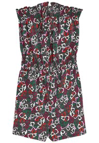 Mono negro con estampado y cuerpo fruncido, que presenta diseños abstractos coloridos en rojo, rosa, blanco y verde. Piernas cortas y escote rizado.