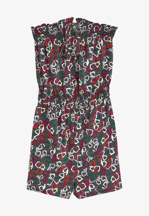 Schwarzer Jumpsuit mit gemustertem Look und gerafftem Oberteil, das farbenfrohe abstrakte Designs in Rot, Pink, Weiß und Grün zeigt. Kurze Beine und Rüschenausschnitt.