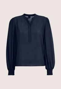 Marineblaue Bluse mit langen Puffärmeln, gerafften Bündchen, einem Stehkragen und einer teilweise durchgehenden Knopfleiste an der Vorderseite.