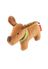 Plush brown dog toy with floppy ears, green collar with dots, black eyes, and a red tag.