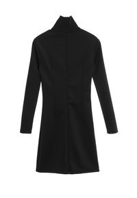 Vestido negro de manga larga con cuello alto, corsé ajustado y forma estructurada; textura suave y detalles mínimos en la parte trasera.