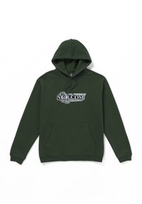 Sudadera de color verde oscuro con un bolsillo canguro, capucha con cordón y un gran logo impreso en el pecho. Fabricada en una suave mezcla de algodón.