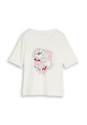 Chemise blanche à manches courtes avec encolure ronde, présentant un art floral abstrait en lignes et des formes aquarelles roses et rouges à l'avant.