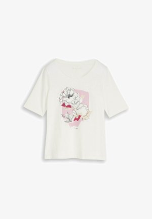 Chemise blanche à manches courtes avec encolure ronde, présentant un art floral abstrait en lignes et des formes aquarelles roses et rouges à l'avant.