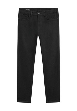 Zwarte slim-fit jeans met vijf zakken en knoopsluiting, plat weergegeven op een witte achtergrond.