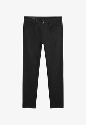 Zwarte slim-fit jeans met vijf zakken en knoopsluiting, plat weergegeven op een witte achtergrond.