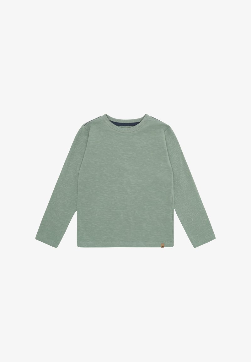 Koszula z długim rękawem w jasnym zielonym kolorze, wykonana z fakturowanej tkaniny, z okrągłym dekoltem i małą metką z logo na dolnym boku.