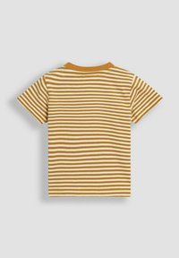 Gestreiftes T-Shirt mit abwechselnd senfgelben und weißen horizontalen Streifen, kurzen Ärmeln und rundem Senfkragen. Weicher Baumwollstoff.