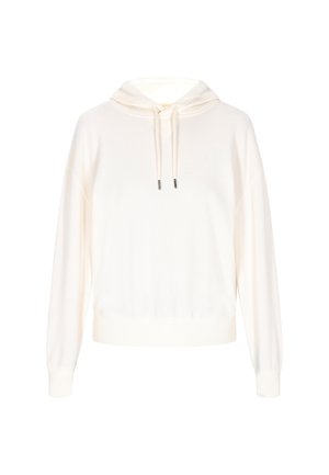 Hoodie blanc à coupe décontractée, avec capuche à cordon, poignets et ourlet côtelés, et une texture douce. Design minimaliste sans logos visibles.