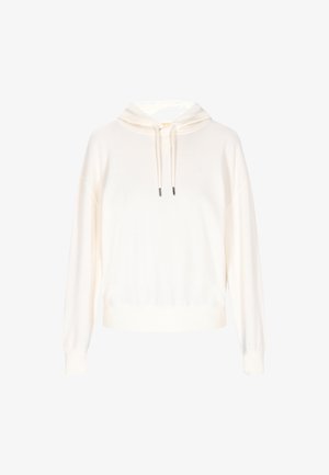Hoodie blanc à coupe décontractée, avec capuche à cordon, poignets et ourlet côtelés, et une texture douce. Design minimaliste sans logos visibles.