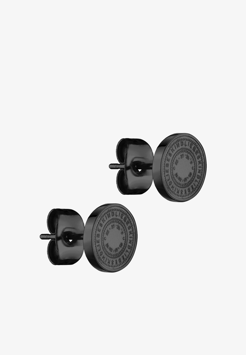 Boucles d'oreilles cloutées noires avec des disques ronds présentant des motifs en relief, une finition lisse et brillante, et des fermoirs papillon pour un maintien sûr.