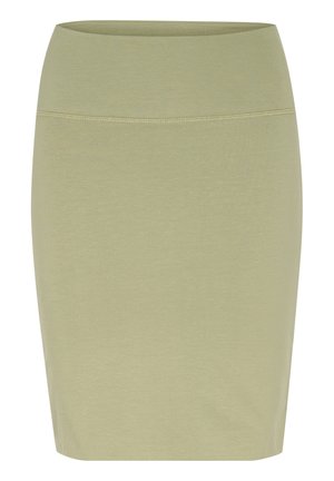 Vihreä oliivinvärinen kynähame, joka on valmistettu pehmeästä, joustavasta kankaasta. Hameessa on leveä elastinen vyötärö, jossa on siisti ompelu.