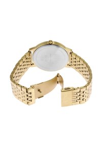 Orologio da polso dorato con bracciale in metallo, cassa rotonda, design minimalista e fondo in acciaio inossidabile. Chiusura a scatto con dettagli del marchio.