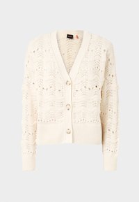 Vit stickad cardigan med ett spetsmönster, V-ringning och fem knappar. Ribbad muddar och nederkant ger textur och struktur.