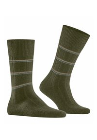 Calzini verde oliva con texture a coste, caratterizzati da strisce orizzontali grigie e beige. Lunghezza alla caviglia con tallone e punta rinforzati.