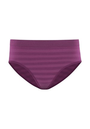 Lila stickad hög midja trosa med horisontella ränder i varierande nyanser, slät struktur och en sömlös midjebanddesign.