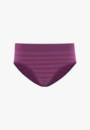 Lila stickad hög midja trosa med horisontella ränder i varierande nyanser, slät struktur och en sömlös midjebanddesign.