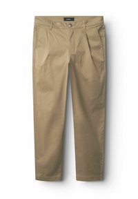 Beige Chinos mit flachem Bund, zwei seitlichen Taschen und einem einzelnen Knopfverschluss. Hergestellt aus leichtem Stoff mit glatter Textur.