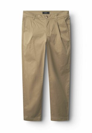 Beige chinos med slät front, två sidofickor och en enkel knappknäppning. Tillverkade av lättviktsmaterial med en mjuk textur.