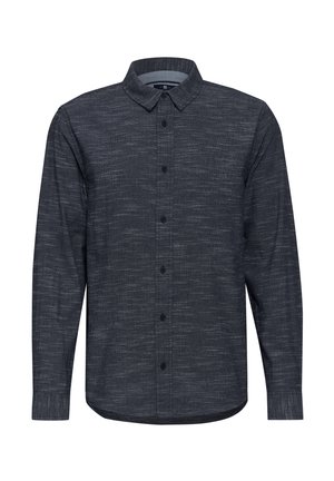 Tmavě šedá košile s dlouhým rukávem, knoflíková, s texturovanou tkaninou, špičatým límcem a zapínáním na knoflíky vpředu. Má zakřivený lem a dlouhé rukávy.