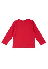 Rotes, langärmliges Baumwoll-T-Shirt mit rundem Ausschnitt. Die Rückseite hat eine glatte Textur und ein einfaches Design, ohne Muster oder Verzierungen.