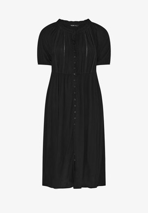 Schwarzes Midikleid mit kurzen Ärmeln, durchgeknöpfter Vorderseite, rundem Ausschnitt mit gerafftem Detail und vertikalen Spitzenbesätzen.