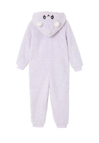 Purple fleece onesie with a hood featuring a face design, rounded ears, and white pom-poms. Cuffs are banded in light purple fabric.