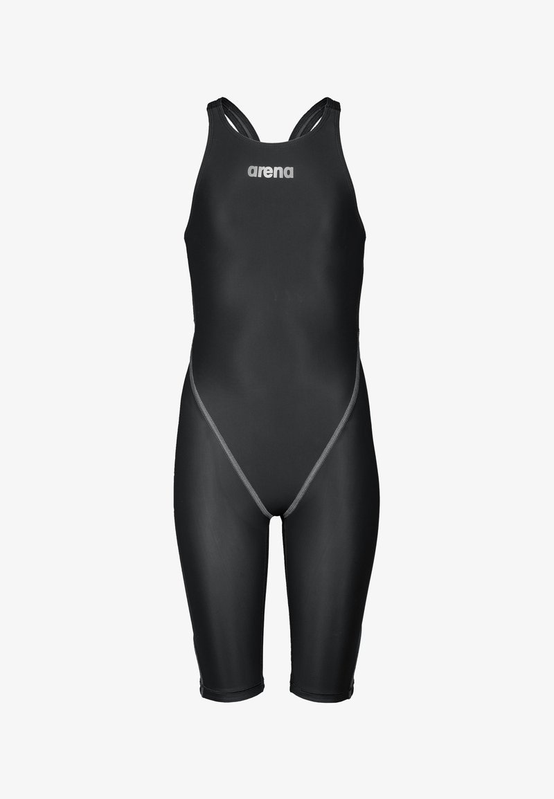 Maillot de bain de compétition noir jusqu'aux genoux avec bretelles et logo "arena" sur la poitrine, conçu pour la performance en natation.