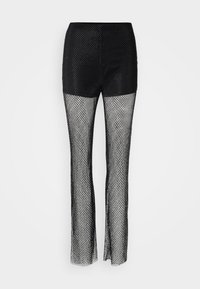 Pantaloni in rete nera con una sezione superiore solida, caratterizzati da un design a gamba larga e un tessuto in rete testurizzato in tutto.
