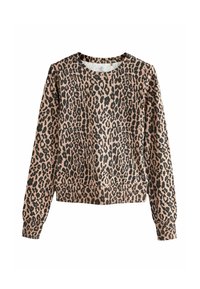 Sweatshirt cu imprimeu de leopard în nuanțe de bej deschis și negru, având mâneci lungi, gât rotund, manșete ribbate și o tivire ajustată. Textură moale.