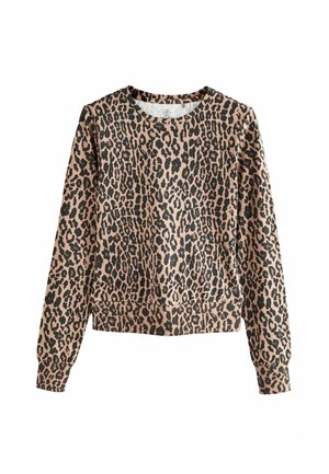 Leopardmønstret sweatshirt i lys tan og sort, med lange ærmer, rund hals, ribbede manchetter og en tætsiddende kant. Blød tekstur.