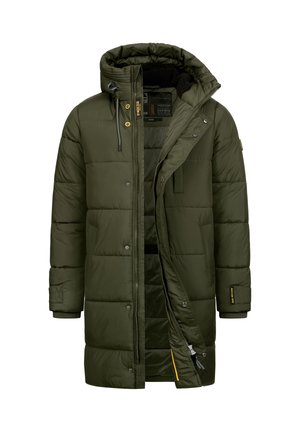 Caban din fâs verde măsliniu cu glugă, șnur reglabil, închidere cu fermoar și prindere cu capse, manșete elastice și căptușeală interioară contrastantă.