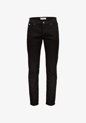 Czarne jeansy slim fit z denimu, pięć kieszeni, srebrne wykończenia oraz subtelna metka marki na pasku. Gładka tekstura i dopasowany fason.