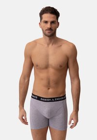 Boxers grises ajustados con cinturilla elástica negra que lleva el texto "DANISH ENDURANCE". Tela suave, diseño ceñido, longitud a mitad del muslo.