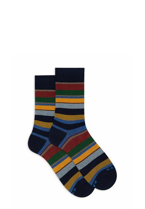 Striped socks featuring a navy base with varying horizontal stripes in red, green, yellow, blue, and gray. Soft cotton blend texture.