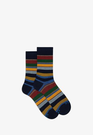 Striped socks featuring a navy base with varying horizontal stripes in red, green, yellow, blue, and gray. Soft cotton blend texture.