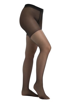 Schwarze, durchsichtige Strumpfhosen mit glatter Textur, hoher Taille und verstärkter Zehenpartie. Die Beine sind teilweise sichtbar und betonen den Hautton darunter.