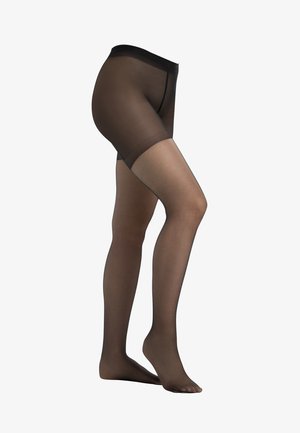 Schwarze, durchsichtige Strumpfhosen mit glatter Textur, hoher Taille und verstärkter Zehenpartie. Die Beine sind teilweise sichtbar und betonen den Hautton darunter.