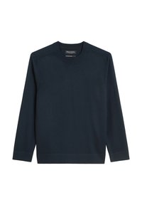Pull à col ras du cou de couleur marine avec des manches longues, fabriqué en tissu doux. Dispose de poignets et d'un ourlet côtelés. Aucun motif ni accent présent.