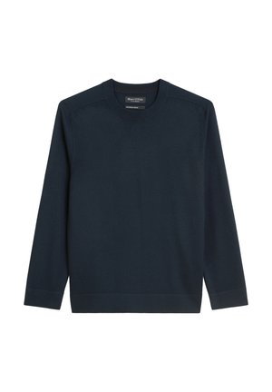 Marine crewneck trui met lange mouwen, gemaakt van zacht materiaal. Bevat ribgebreide manchetten en zoom. Geen patronen of accenten aanwezig.