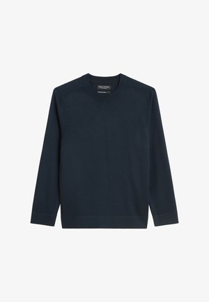 Marineblauer Rundhals-Pullover mit langen Ärmeln, aus weichem Stoff gefertigt. Mit gerippten Bündchen und Saum. Keine Muster oder Akzente vorhanden.