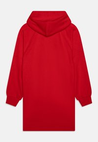 Robe sweat-shirt rouge avec capuche, manches longues et amples, coupe droite. Confectionnée en tissu doux, mélange de coton.