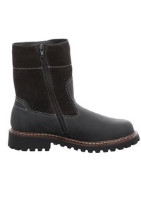 Schwarze Leder- und Wildleder-Stiefeletten mit seitlichem Reißverschluss, gesteppten Akzenten, Gummisohle und einer robusten, strukturierten Oberfläche.