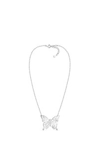 Silverhalsband med en fjärilspendant med detaljerade urklipp och en texturerad yta. Justerbar kedja med ett säkert lås.