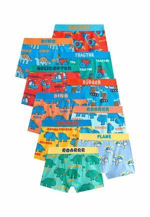 Bunte Kinderboxershorts mit aufgedruckten Dinosauriern, Raketen, Traktoren, Hubschraubern, Baggern und Flugzeugen, die jeweils am Bund beschriftet sind.