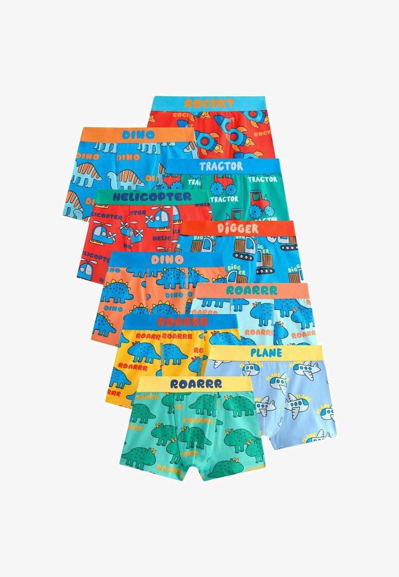 Boxers colorés pour enfants avec des imprimés de dinosaures, fusées, tracteurs, hélicoptères, pelleteuses et avions, chacun étiqueté sur la ceinture.